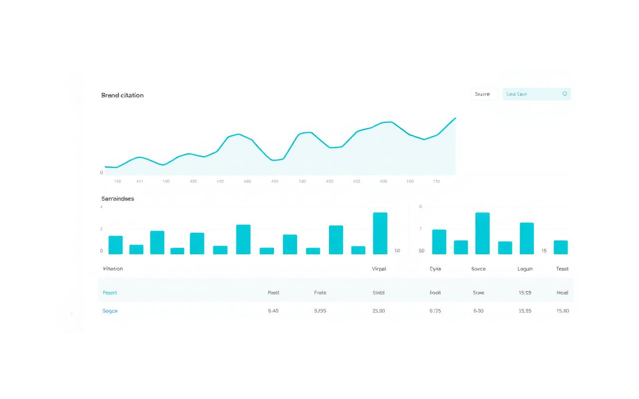 GeoQuoted analytics dashboard with citation trend line and share-of-answer bar charts in cyan