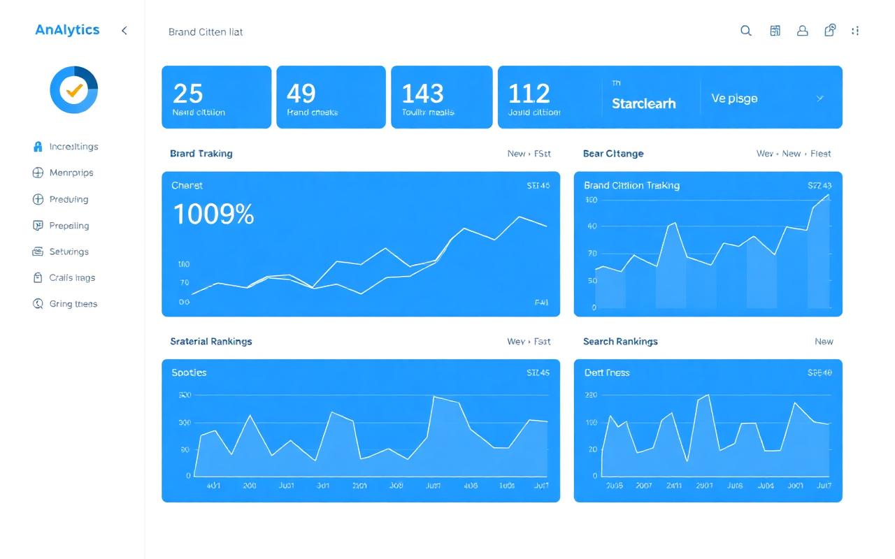 GeoQuoted analytics dashboard with citation trend line and share-of-answer bar charts in cyan