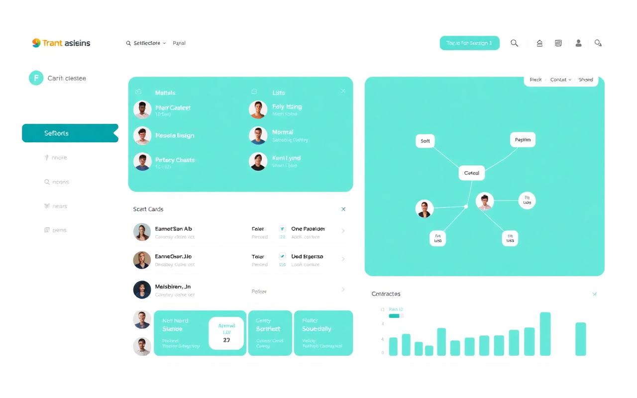 KithCRM dashboard showing a contact list, relationship graph and engagement chart in teal