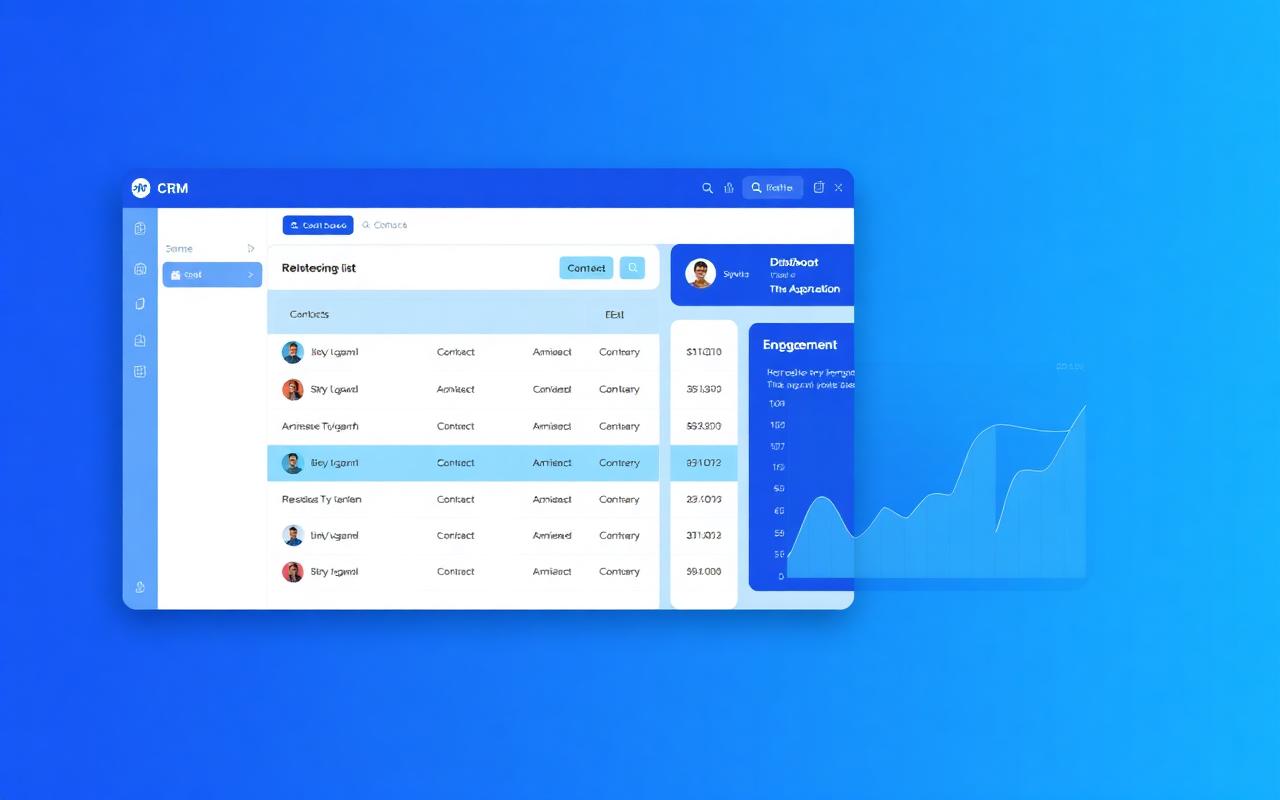 KithCRM dashboard showing a contact list, relationship graph and engagement chart in blue