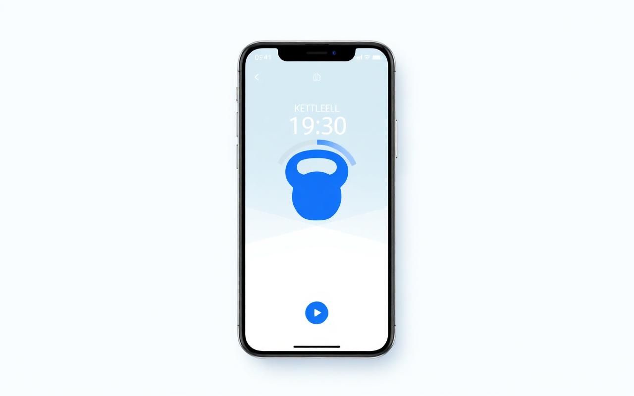 Stronger 4×4 mobile app screen showing a large kettlebell rep counter and progress ring
